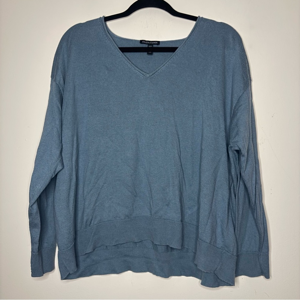 EILEEN FISHER Organic Cotton Tencel Blend Light Blue Vneck Knit Sweater